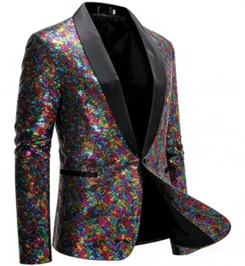 Close-up detail of colorful sequin blazer with black shawl lapel for evening party performance.