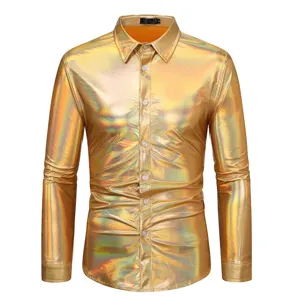 Chemise Homme Manches Longues Métallique Brillante Disco Fête Soirée Top Doré Chic
