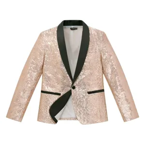Close-up of men's sequin blazer jacket, rose gold fabric with black lapel and pocket trim.