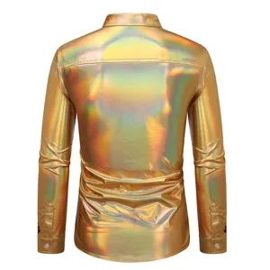 Chemise homme brillante métallisée manches longues style disco haut tendance mode