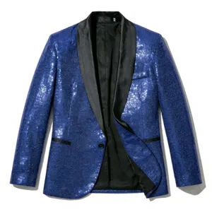 Men's blue sequin blazer jacket with black satin shawl collar single button evening party wear