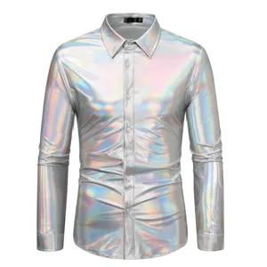 Homme chemise manches longues holographique metallique brillante de fete disco top.