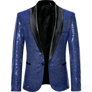 Men's blue sequin blazer detail, black shawl lapel, single button party jacket.
