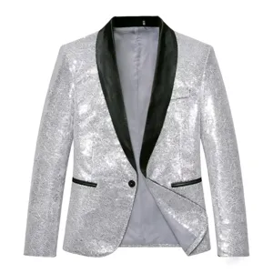 Men's silver sequin blazer jacket with black shawl lapel for party, stage, and clubwear.