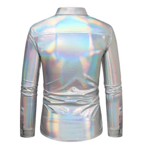 Chemise homme manches longues holographique brillante haut de club mode tendance