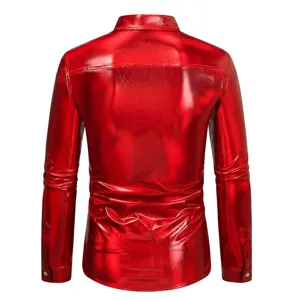 Chemise disco brillante métallique à manches longues homme vue arrière détail tissu brillant.