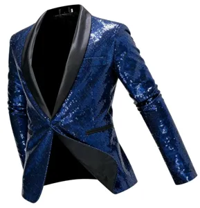 Men's blue sequin blazer with black satin shawl lapel, perfect for parties, stage shows, and events.