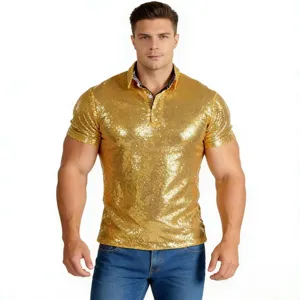 Men's luxury shiny gold sequin short sleeve polo shirt for trendy disco party wear