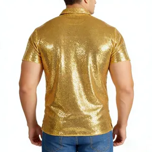 Men gold sequin short sleeve polo shirt vintage 70s disco party costume glitter top