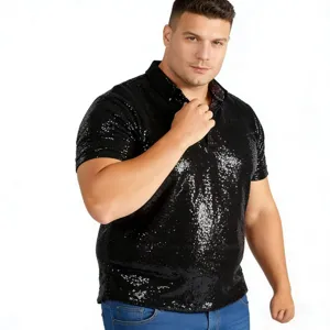 Detailed view of the stylish men's black sequin short sleeve polo shirt, perfect party wear.