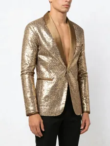 Chaqueta blazer de lentejuelas doradas para hombre fiesta boda club brillante abrigo