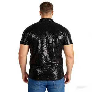 Men's black sequin short sleeve polo shirt vintage disco 70s party costume top stylish