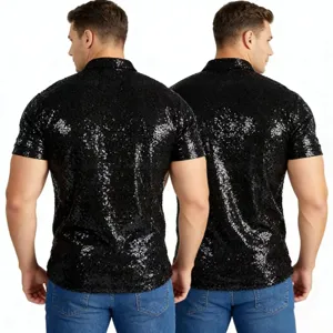 Men's black sequin short sleeve polo shirt sparkling retro disco party top tee for men.