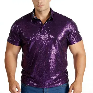 Men vintage disco sequin polo shirt short sleeve party retro 70s festival apparel tee.