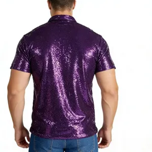 Men Purple Sequin Polo Shirt Vintage Disco Short Sleeve Tee For Festival Party Wear