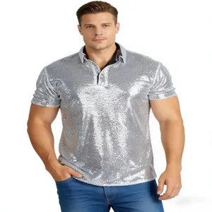 Close-up detail of the vintage silver sequin polo shirt worn by male model for party.