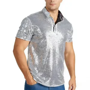 Men's shiny silver sequin short sleeve polo shirt for retro disco party and festival events.