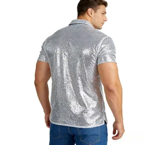 Men's silver sequin short sleeve polo shirt vintage 70s disco party top detail view