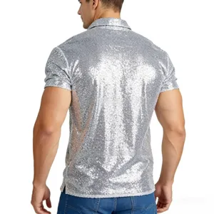 Men's silver sequin polo shirt vintage disco 70s party costume sparkly short sleeve top