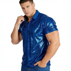 Close-up details of the blue sequin polo shirt, showcasing sparkling fabric and collar design.