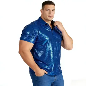 Men sparkle sequin polo shirt vintage disco party 70s carnival costume short sleeve top