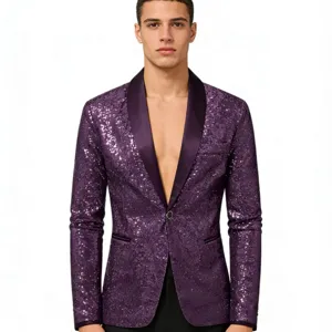 Chaqueta blazer de lentejuelas moradas para hombre brillante fiesta club escenario