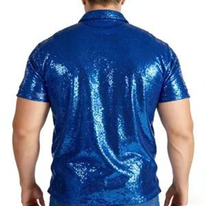 Blue sequin polo shirt detail showing sparkly fabric texture and classic collar design.