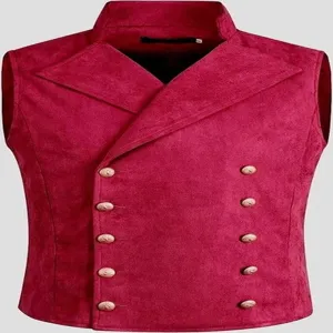Herren Vintage Steampunk zweireihige Weste aus rotem Wildlederimitat mit Goldknöpfen.
