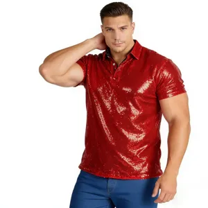 Men's red sequin polo shirt, short sleeve vintage disco top for party and festival wear.