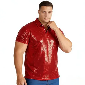 Close-up detail of the dazzling red sequin fabric texture on the stylish men's polo shirt.
