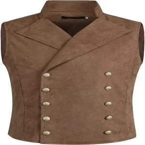 Herren Vintage Wildleder Weste Detail mit Doppelreiher, Metallknöpfen und Reverskragen.