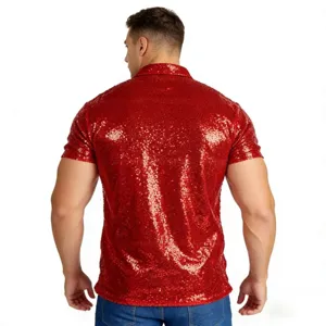 Back view of men's red sequin short sleeve polo shirt, vintage disco party costume top.