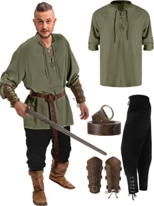 Detailed view of the medieval Renaissance pirate costume set, shirt, belt, and pants.