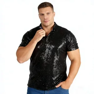 Men's black sequin short sleeve polo shirt, vintage disco party top for men main view item.