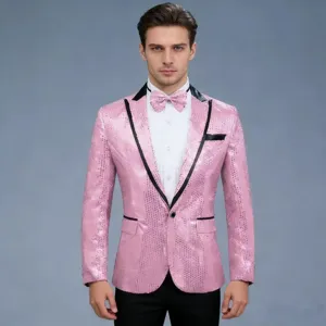 Veste de costume à paillettes roses pour homme, blazer brillant de fête style disco chic.
