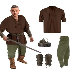 Medieval Renaissance costume 4-piece set pirate shirt pants belt bracers for men Halloween