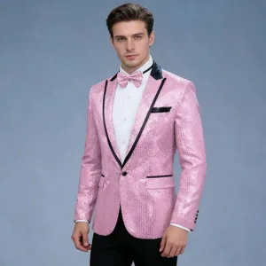 Vue détaillée du blazer rose à sequins pour hommes avec revers noirs et nœud papillon.