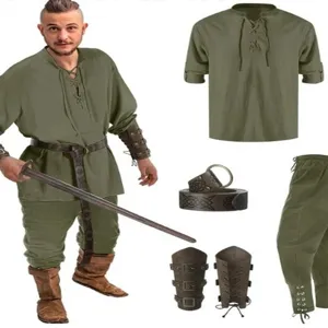Medieval Renaissance Costume Set Men Halloween Pirate Outfit Trousers Belt Bracers 4pcs