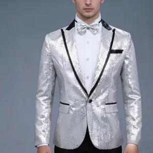 Veste de blazer à sequins argentés pour homme avec revers noir, élégant costume de fête.