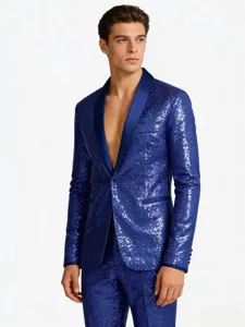 Blue Sequin Suit Jacket Men Party Nightclub Performance Blazer Jacket Stylish Variant