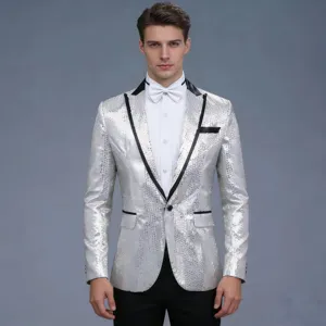 Veste de costume blazer à sequins scintillants pour homme avec revers contrasté chic.