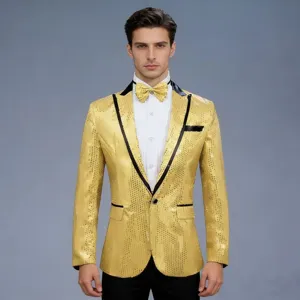 Vue détaillée de la veste de blazer à sequins dorés pour hommes, vêtement de soirée élégant