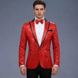 Veste de smoking à paillettes rouge vif pour homme avec revers noir pour fête disco scène.
