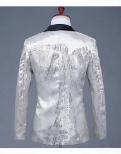 Veste de blazer à sequins argentés pour hommes veste de fête disco avec revers noir brillant.