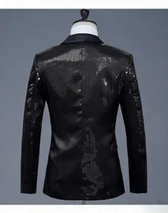 Veste de costume à sequins noirs pour hommes, détail du dos avec revers en satin.