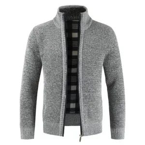 Men's fleece lined knit cardigan with stand collar and zipper closure for winter warmth.