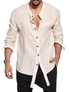 Men's casual long sleeve linen shirt with mandarin collar, solid off white summer top.