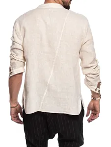 Back view detail of men casual linen long sleeve shirt with mandarin collar in beige color.