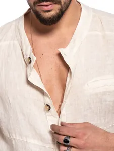 Men's casual linen long sleeve shirt detail view showing fabric texture and stand collar.