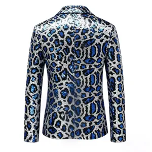 Mens blue leopard print sequin blazer jacket stage performance party tuxedo outerwear